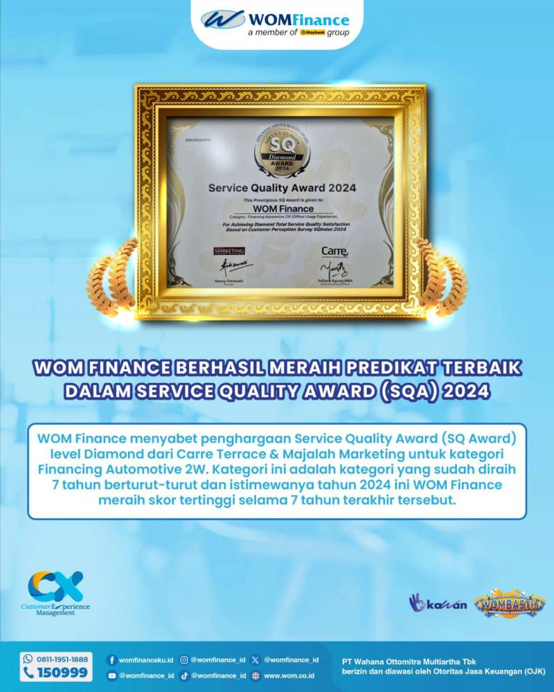 Penghargaan Predikat Terbaik SQA 2024 WOM Finance sebagai aplikasi pembiayaan dana tunai dan pinjaman online